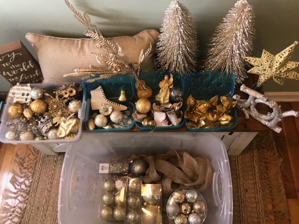 Tree and Ornament Organization with ornaments organized according to color and size.