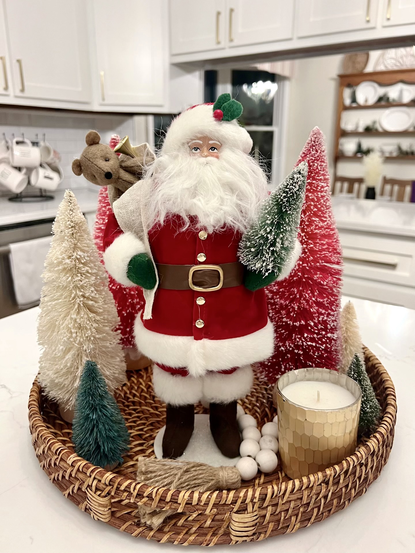 Santa with Bottle Brush Trees Centerpiece