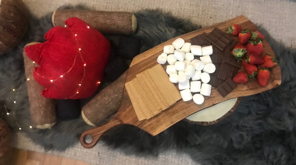Charcuterie Board for Smores with Graham crackers, marshmellows and chocolate. 