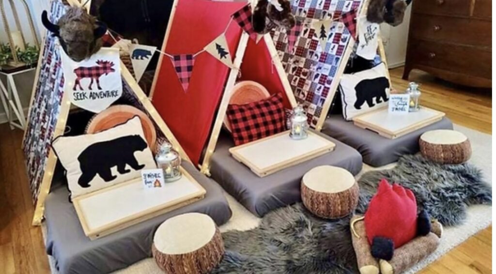 Outdoor themed tents for indoor boy slumber party.